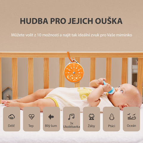 MERICARE K6 hrající usínáček s noční oblohou, 10 uspávácích melodií, 7 světelných módů, USB nabíjení