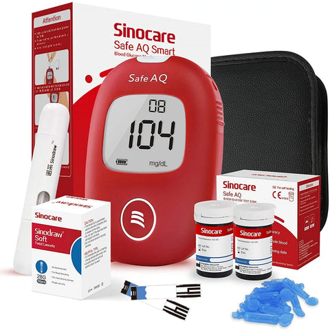 SINOCARE glukometr Safe AQ Smart, 25 proužků, 25 lancet, odběrové pero, taštička