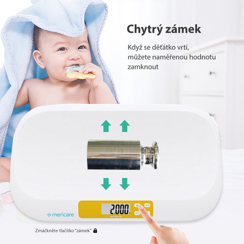 MERICARE B-36 kojenecká váha s růstovým metrem, přesnost vážení 5 g, funkce TARE a HOLD, na baterie, bílá