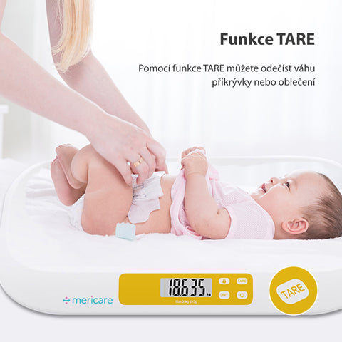 MERICARE B-36 kojenecká váha s růstovým metrem, přesnost vážení 5 g, funkce TARE a HOLD, na baterie, bílá