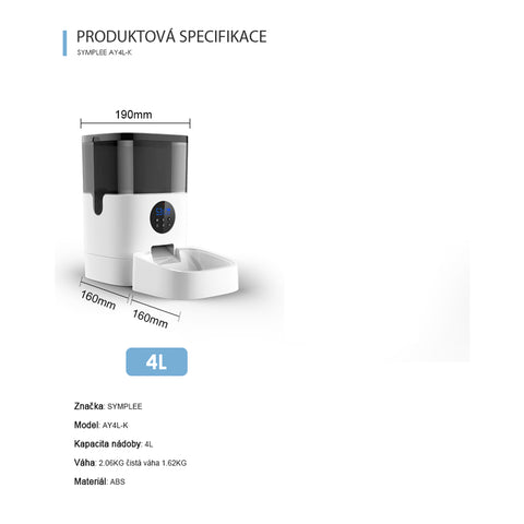 SYMPLEE DU4L-K automatický dávkovač krmiva pro psy a kočky, 4 l, notifikace pomocí vašeho hlasu
